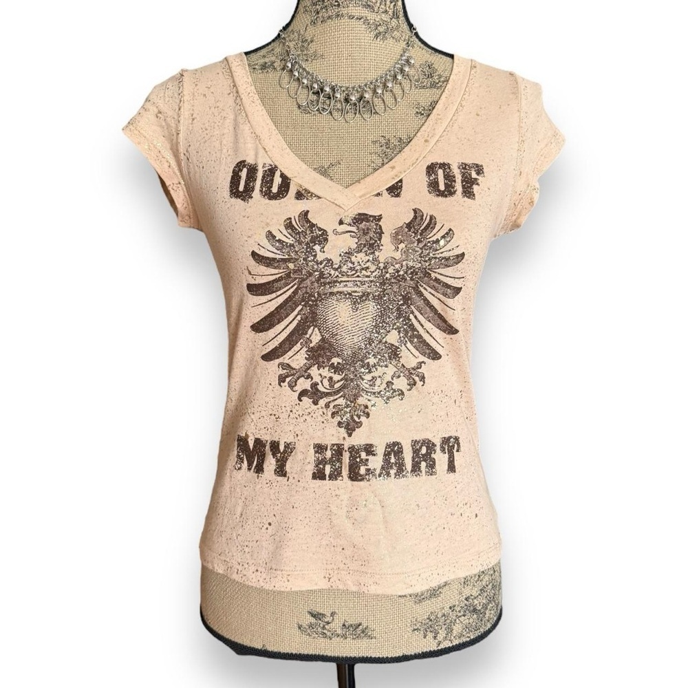 Y2K Cream & Gold Graphic V-Neck Top Size S
